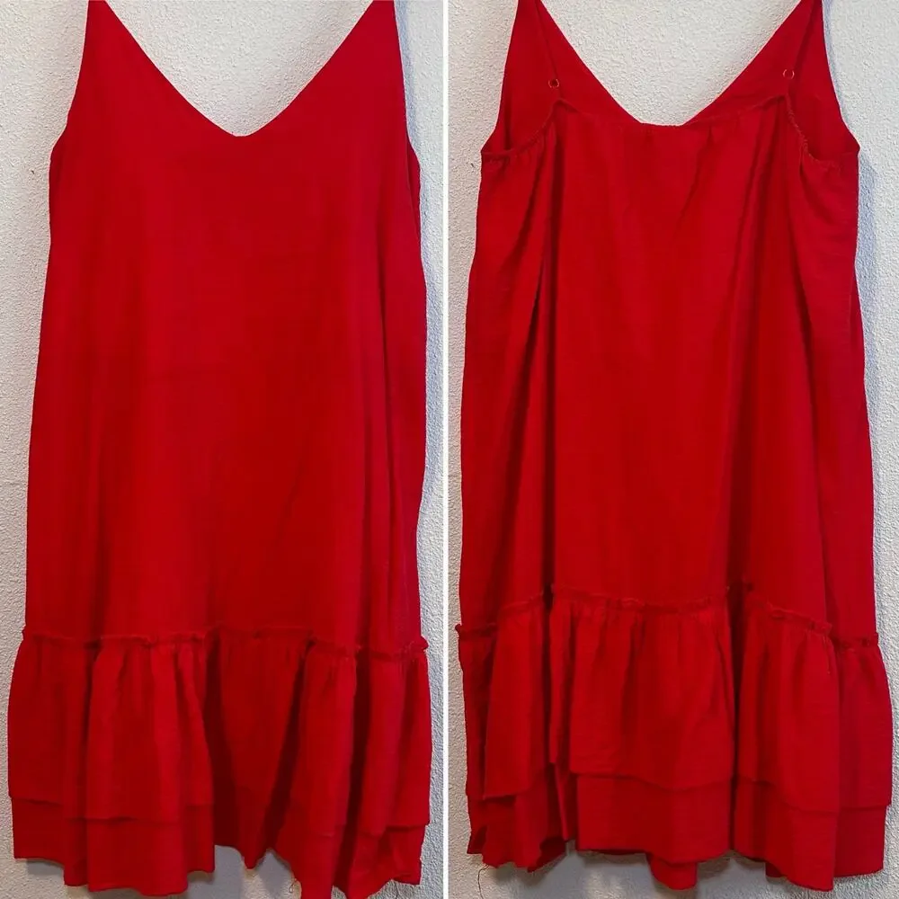 Red Sleeveless Dress, Size M, Vibrant Tiered Ruffled Hem - Picture 2 of 6